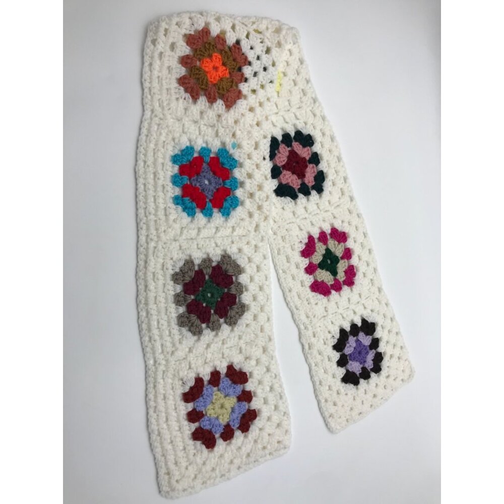 Crochet Granny Scarf Runner Handmade Ivory Multi-Color